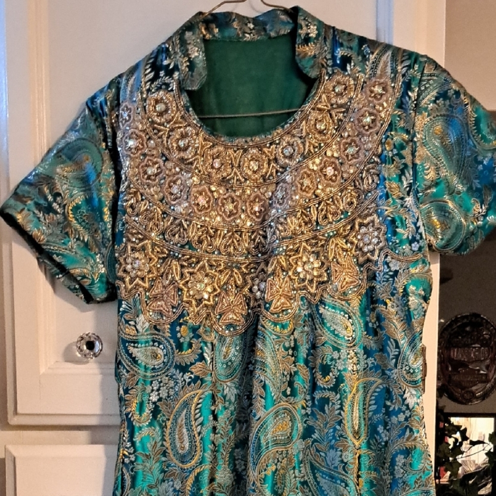 Elegant Paisley Dress with Gold Accents